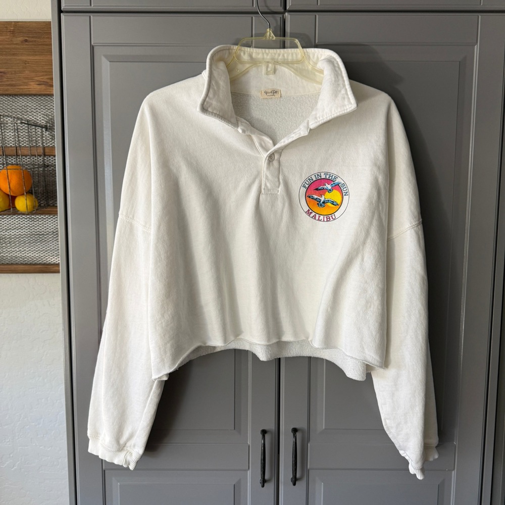 Brandy Melville John Galt Malibu Fun In The Sun Cropped LS Sweatshirt, White, OS